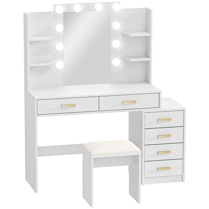 Vanity Table with LED Mirror & Padded Stool, White