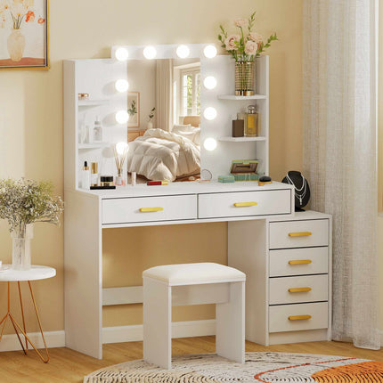 Vanity Table with LED Mirror & Padded Stool, White