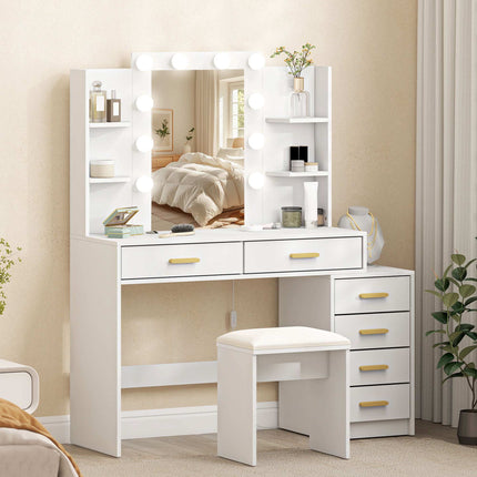 Vanity Table with LED Mirror & Padded Stool, White