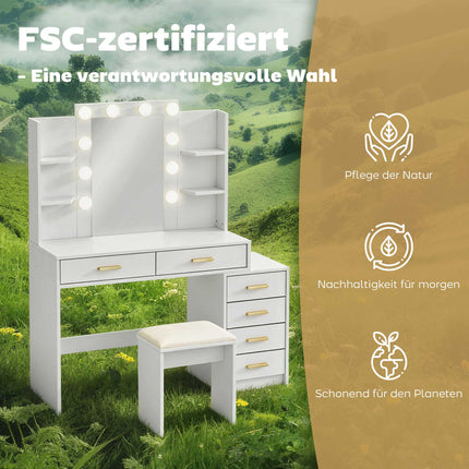 Vanity Table with LED Mirror & Padded Stool, White