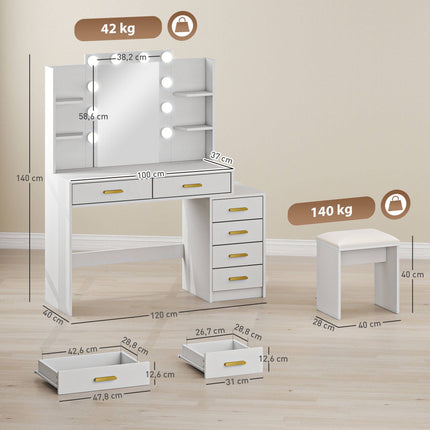 Vanity Table with LED Mirror & Padded Stool, White