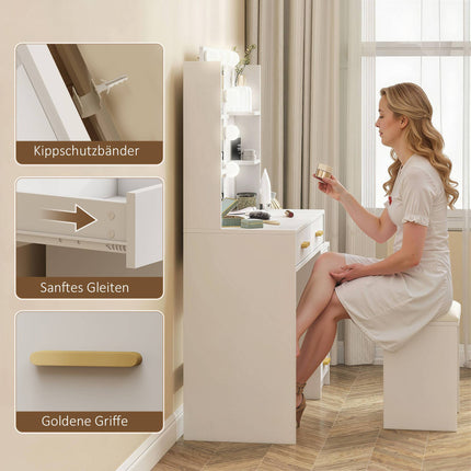 Vanity Table with LED Mirror & Padded Stool, White