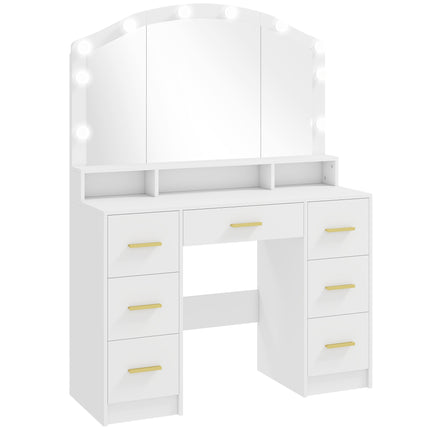 Schminktisch mit Spiegel, 10 LED-Leuchten, 7 Schubladen, weißes MDF