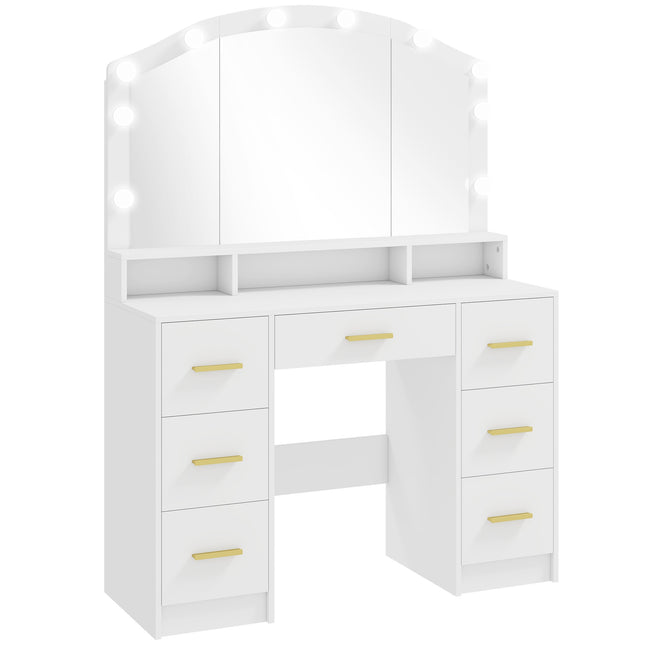Schminktisch mit Spiegel, 10 LED-Leuchten, 7 Schubladen, weißes MDF