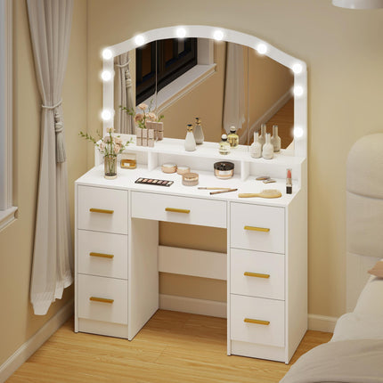 Schminktisch mit Spiegel, 10 LED-Leuchten, 7 Schubladen, weißes MDF