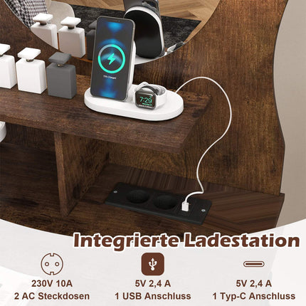 Schminktisch mit Spiegel, LED-Beleuchtung, Schubladen, Braun