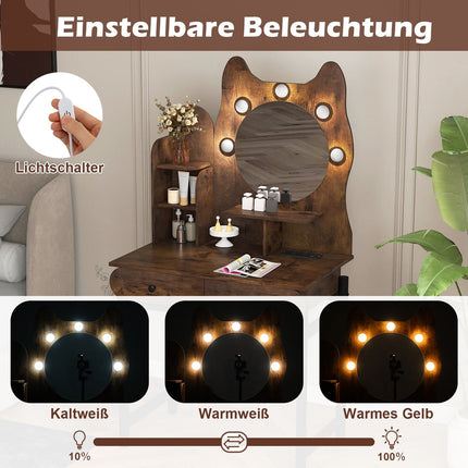 Schminktisch mit Spiegel, LED-Beleuchtung, Schubladen, Braun