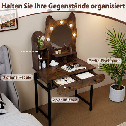 Schminktisch mit Spiegel, LED-Beleuchtung, Schubladen, Braun