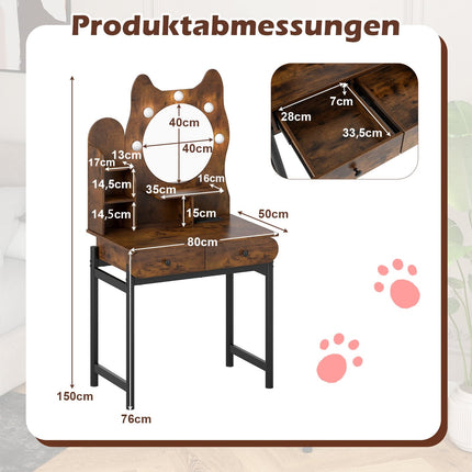 Schminktisch mit Spiegel, LED-Beleuchtung, Schubladen, Braun