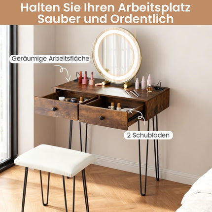 Schminktisch mit Spiegel, Beleuchtung, Ladestation & Hocker