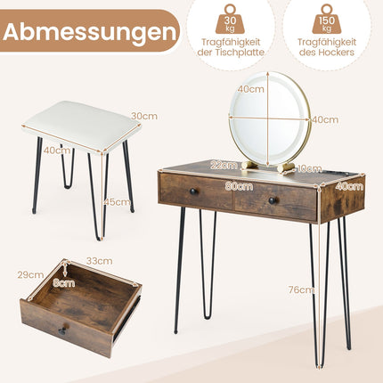 Schminktisch mit Spiegel, Beleuchtung, Ladestation & Hocker