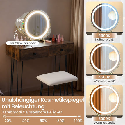 Schminktisch mit Spiegel, Beleuchtung, Ladestation & Hocker