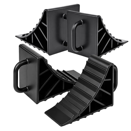 Vehicle Wheel Chocks, 4-Pack with Handle, Black Plastic