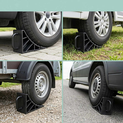 Vehicle Wheel Chocks, 4-Pack with Handle, Black Plastic