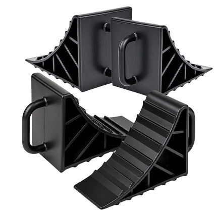 Vehicle Wheel Chocks, 4-Pack with Handle, Black Plastic
