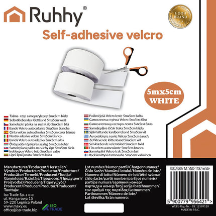 Velcro Selbstklebeband, 5m x 5cm, Weiß