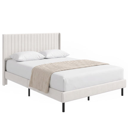 Velvet Bed Frame 140 x 200 cm with Adjustable Headboard, Beige, 12 Plywood Slats