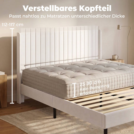 Velvet Bed Frame 140 x 200 cm with Adjustable Headboard, Beige, 12 Plywood Slats