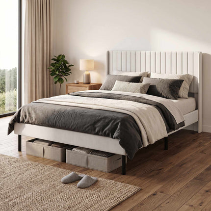 Velvet Bed Frame 140 x 200 cm with Adjustable Headboard, Beige, 12 Plywood Slats