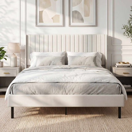 Velvet Bed Frame 140 x 200 cm with Adjustable Headboard, Beige, 12 Plywood Slats