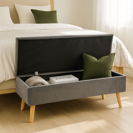 Velvet Storage Bench with Eucalyptus Wood Legs
