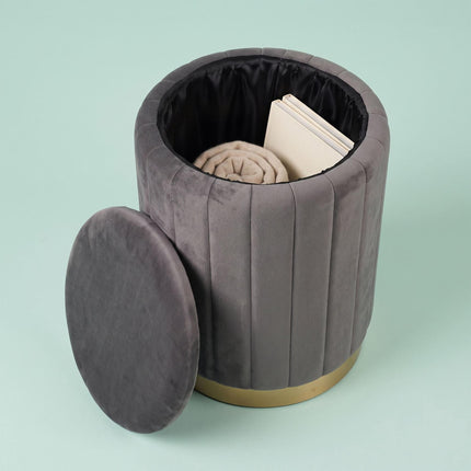 Velvet Storage Stool with Gold Base, Dark Gray, 42x32 cm