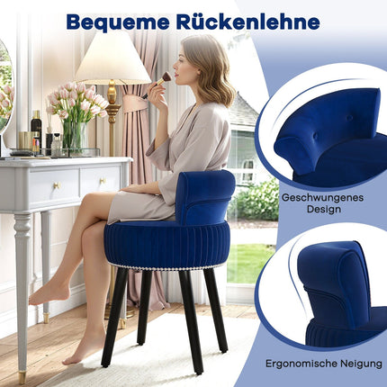 Samtiger Schminkstuhl mit getufteter Rückenlehne und Holzbeinen, Blau