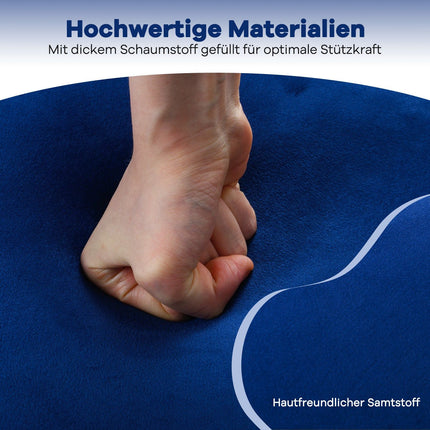 Samtiger Schminkstuhl mit getufteter Rückenlehne und Holzbeinen, Blau