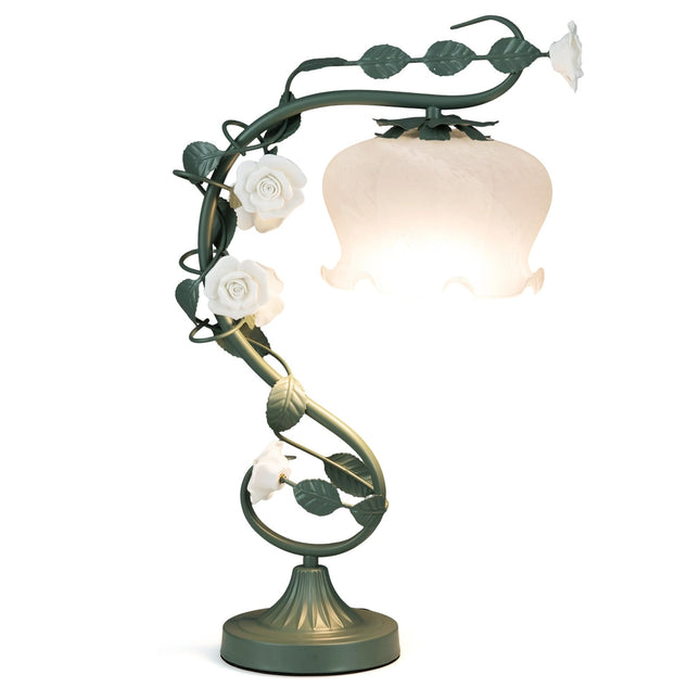 Vintage Bedside Lamp with Lily Glass Shade & Ceramic Roses