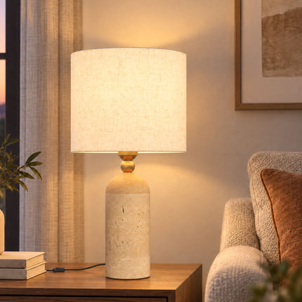 Vintage Table Lamp with Travertine Base, E27, Fabric Shade, 48 cm, Beige