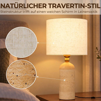 Vintage Table Lamp with Travertine Base, E27, Fabric Shade, 48 cm, Beige