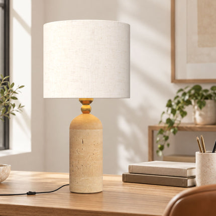 Vintage Table Lamp with Travertine Base, E27, Fabric Shade, 48 cm, Beige