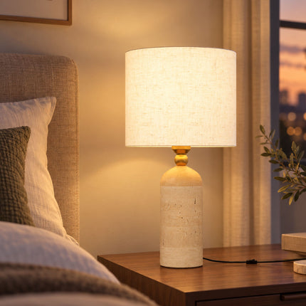 Vintage Table Lamp with Travertine Base, E27, Fabric Shade, 48 cm, Beige