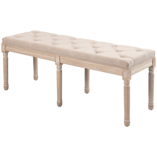Beige gepolsterte Vintage-Bank, Leinen-Optik, 117x40x48cm