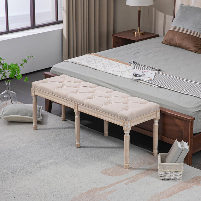 Beige gepolsterte Vintage-Bank, Leinen-Optik, 117x40x48cm