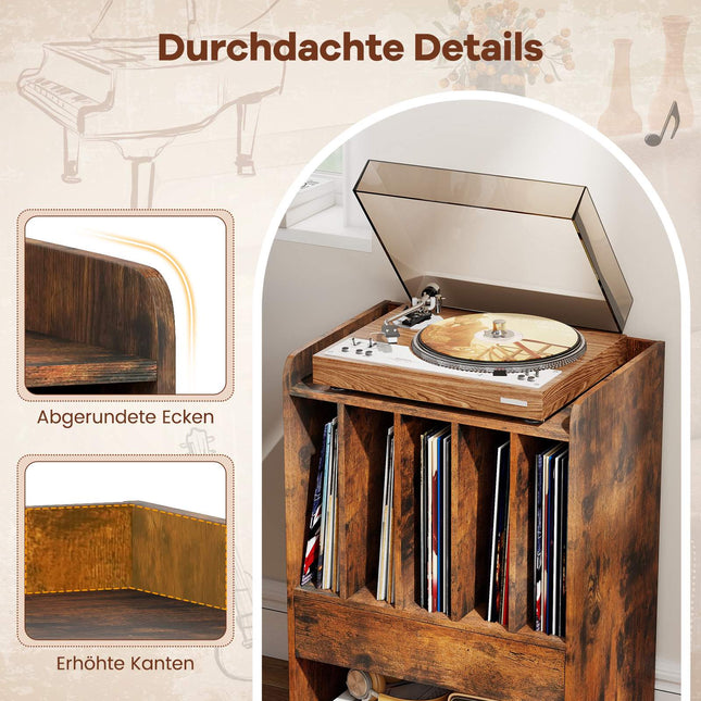 Schallplattenspieler-Tisch mit Stauraum, Schublade, Rollen, Braun