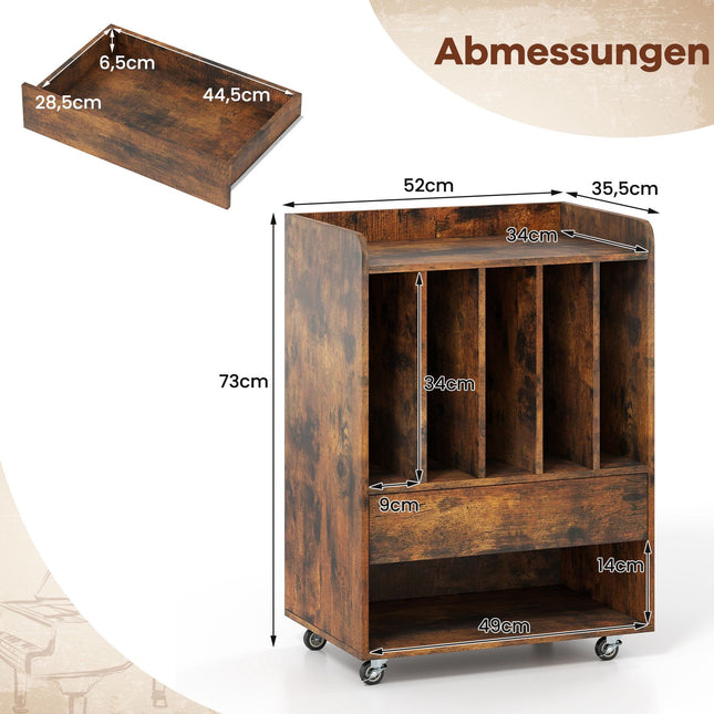 Schallplattenspieler-Tisch mit Stauraum, Schublade, Rollen, Braun