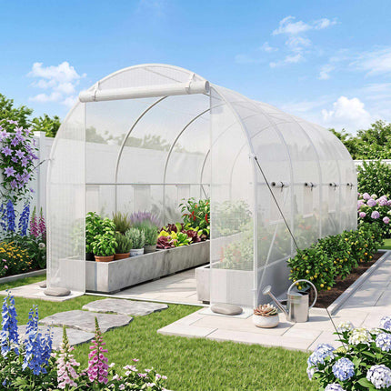 Walk-In Tunnel Greenhouse 15 x 7 x 7 ft with 8 Mesh Windows, White, PE Cover