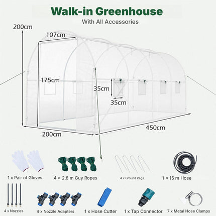 Walk-In Tunnel Greenhouse 15 x 7 x 7 ft with 8 Mesh Windows, White, PE Cover