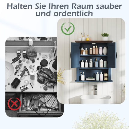 Wandschrank mit verstellbaren Einlegeböden und offenem Stauraum, Blau