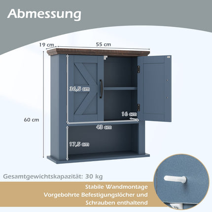 Wandschrank mit verstellbaren Einlegeböden und offenem Stauraum, Blau