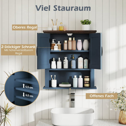 Wandschrank mit verstellbaren Einlegeböden und offenem Stauraum, Blau