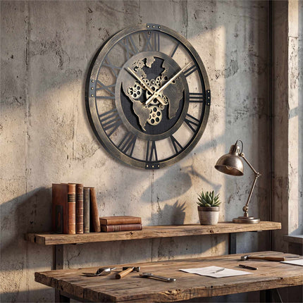 Wall Clock, 27-Inch Gear World Map, Non-Ticking Quartz