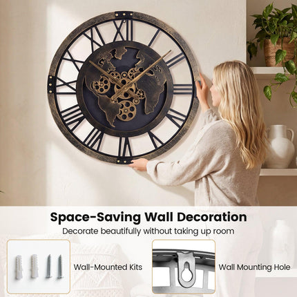 Wall Clock, 27-Inch Gear World Map, Non-Ticking Quartz
