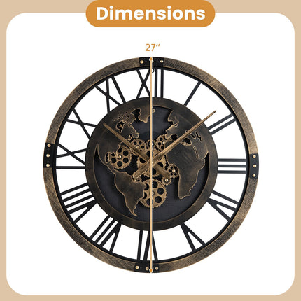 Wall Clock, 27-Inch Gear World Map, Non-Ticking Quartz