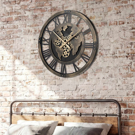 Wall Clock, 27-Inch Gear World Map, Non-Ticking Quartz