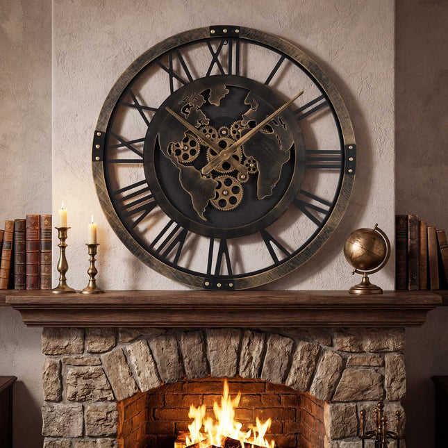 Wanduhr, 27 Zoll Zahnrad-Weltkarte, Nicht tickendes Quarzwerk