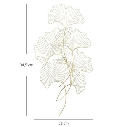 Décoration murale moderne en métal 3D, motif feuilles de ginkgo, pour chambre et salle à manger, doré, 51 x 3,5 x 94,5 cm
