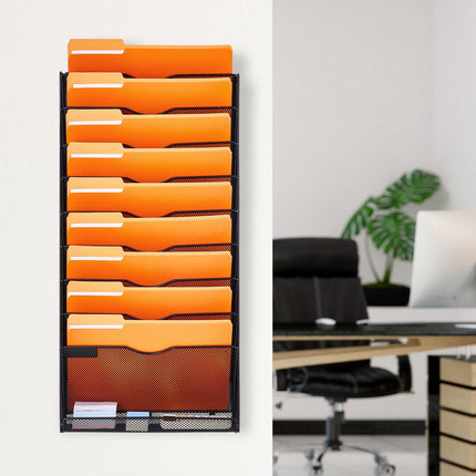 Wall File Organizer, 10-Pocket Mesh Metal Holder, Labels