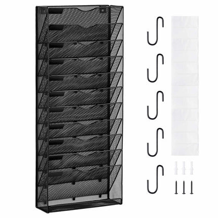 Wall File Organizer, 12-Pocket Metal Mesh, Label Holders